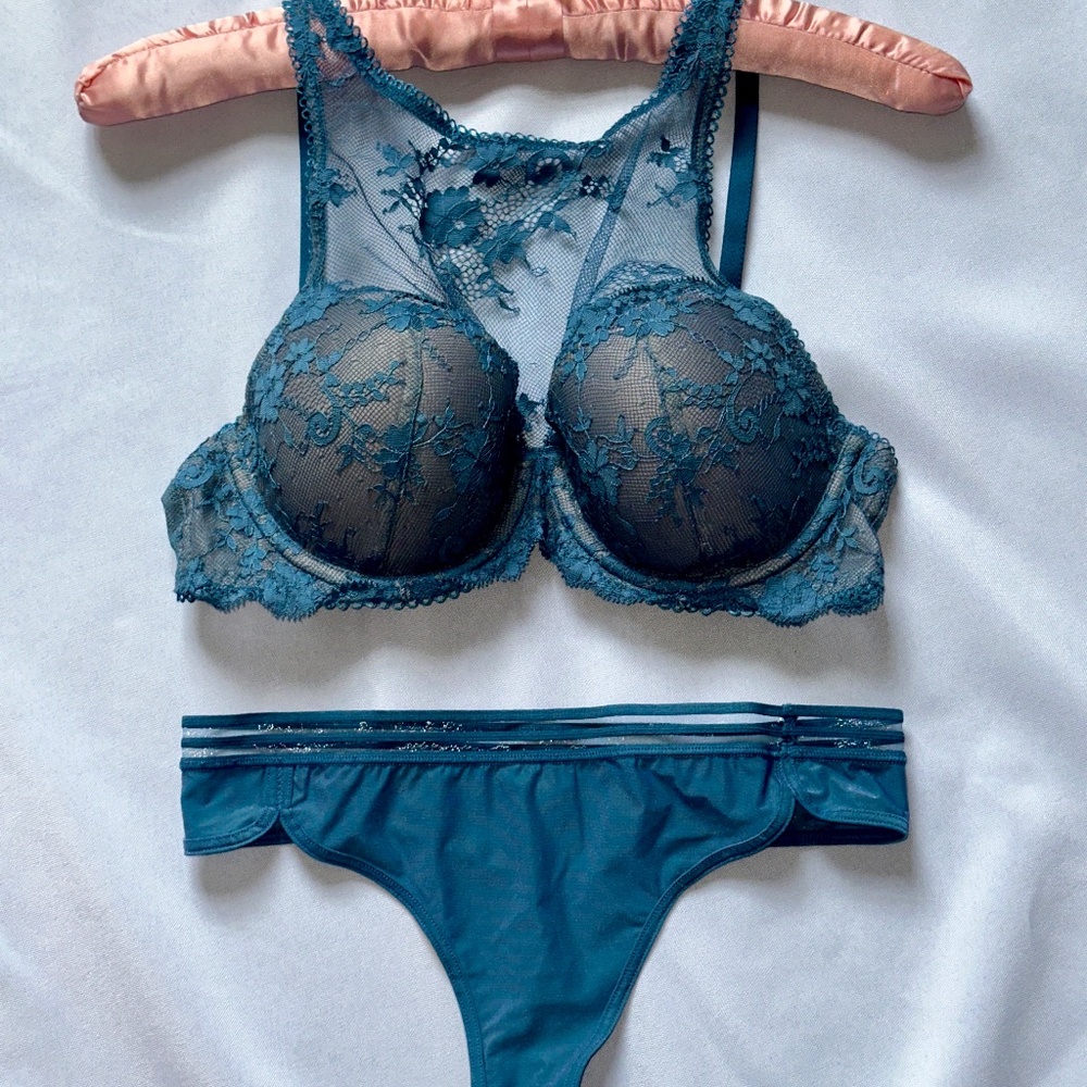 Victoria’s Secret NWT - Dusty Teal Lace High-Neck Bra + Scallop Trim Thong